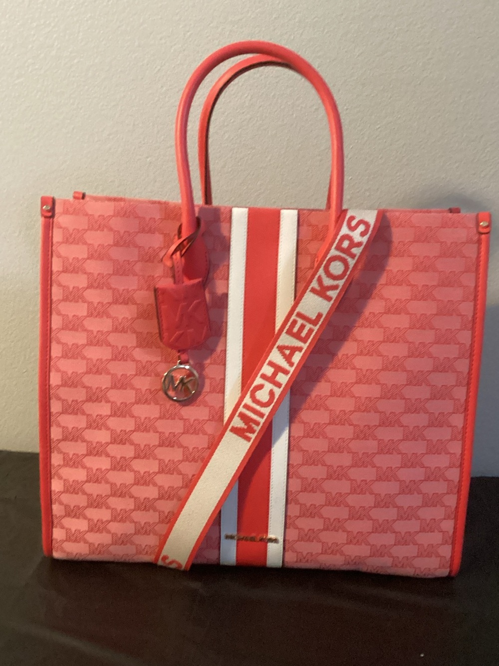 Michael Kors Coral Pink Signature Stripe Tote with Logo Strap